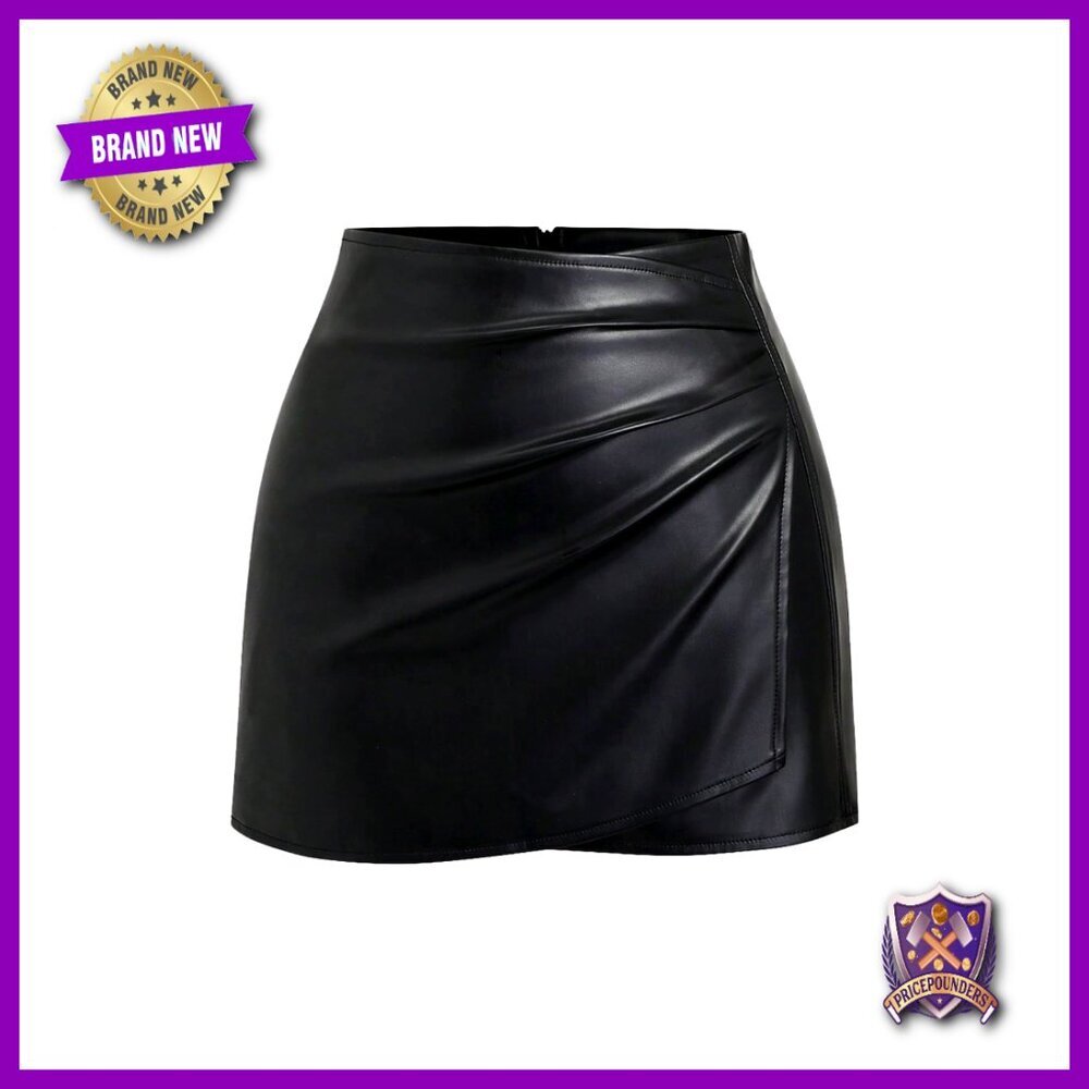 High Waisted Leather Mini Skirt Wrap Ruched Bodycon Zipper Back